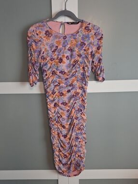 ZARA Floral Ruched Midi Dress in Lavender and Peach Tones